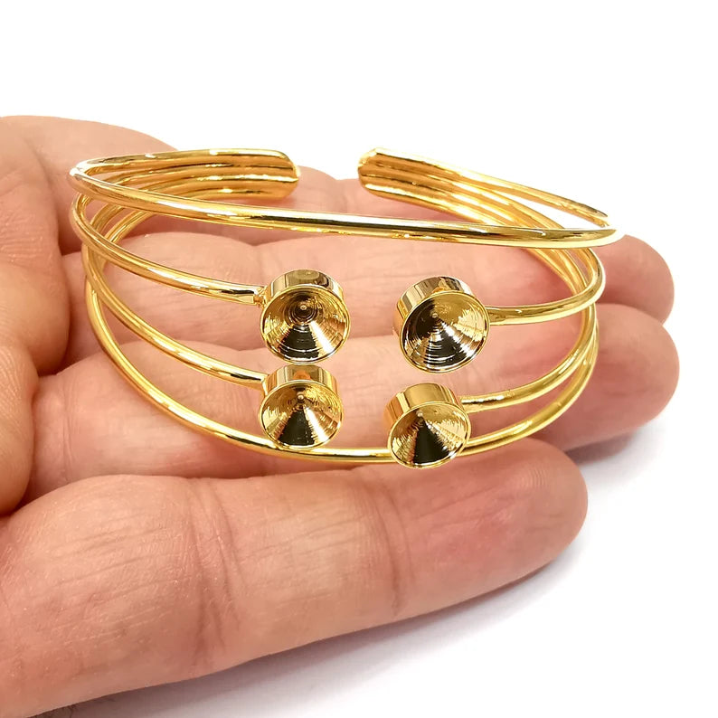 Wire Cone Bracelet, Bars Cuff, Bangle Bezel, Resin Blank, Wristband Cabochon Base, Adjustable Gold Plated Brass (8mm) G35521