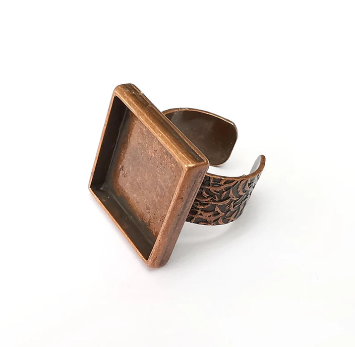 Copper Ring Setting, Cabochon Blank, Resin Bezel, Square Ring Mounting, Epoxy Frame Base, Adjustable Antique Copper Plated 20mm G35523