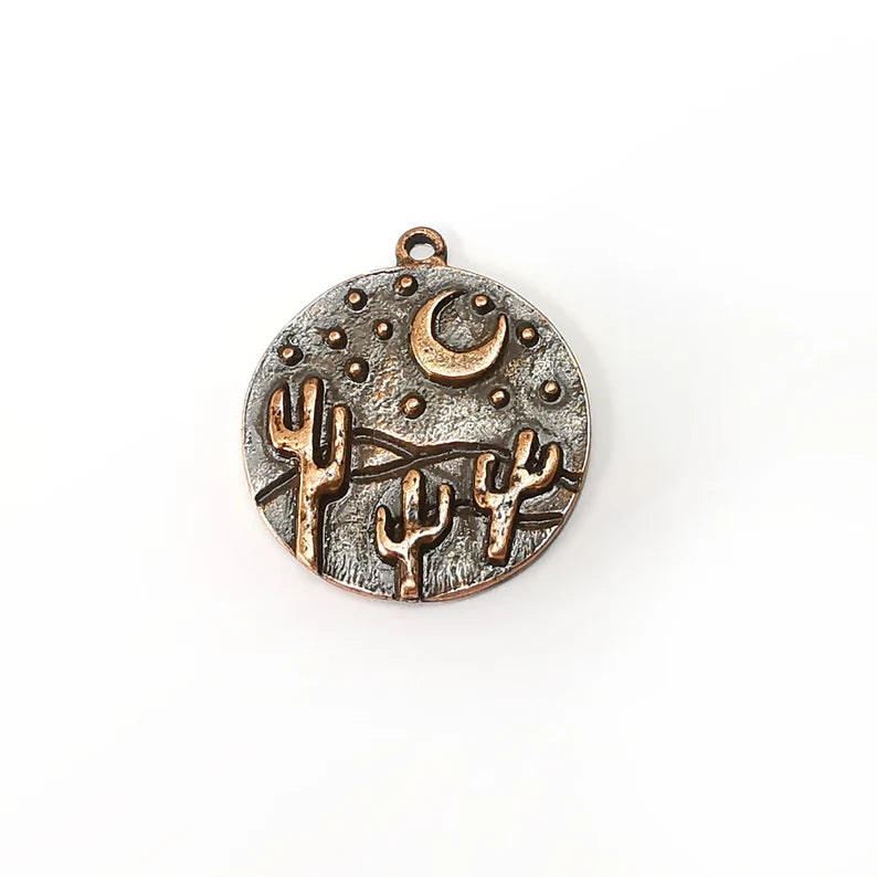 Desert Charms, Cactus Charms, Dune Ethnic Earring Charms, Copper Rustic Pendant, Necklace Parts, Antique Copper Plated 28x25mm G35525