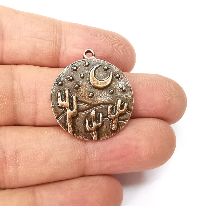 Desert Charms, Cactus Charms, Dune Ethnic Earring Charms, Copper Rustic Pendant, Necklace Parts, Antique Copper Plated 28x25mm G35525