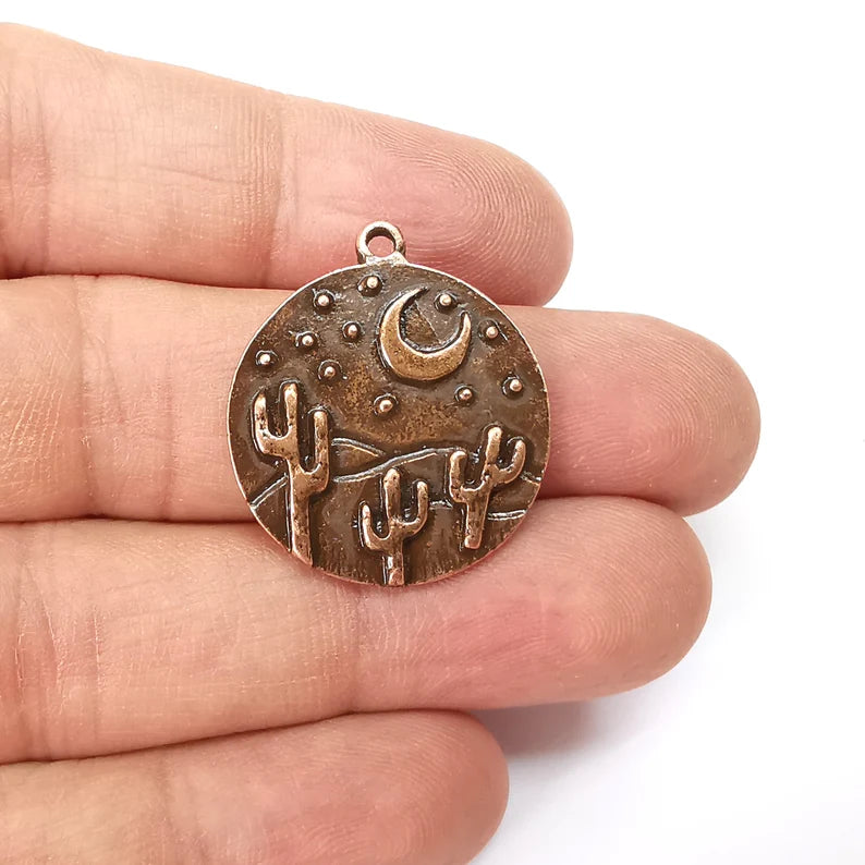 Desert Charms, Cactus Charms, Dune Ethnic Earring Charms, Copper Rustic Pendant, Necklace Parts, Antique Copper Plated 28x25mm G35525