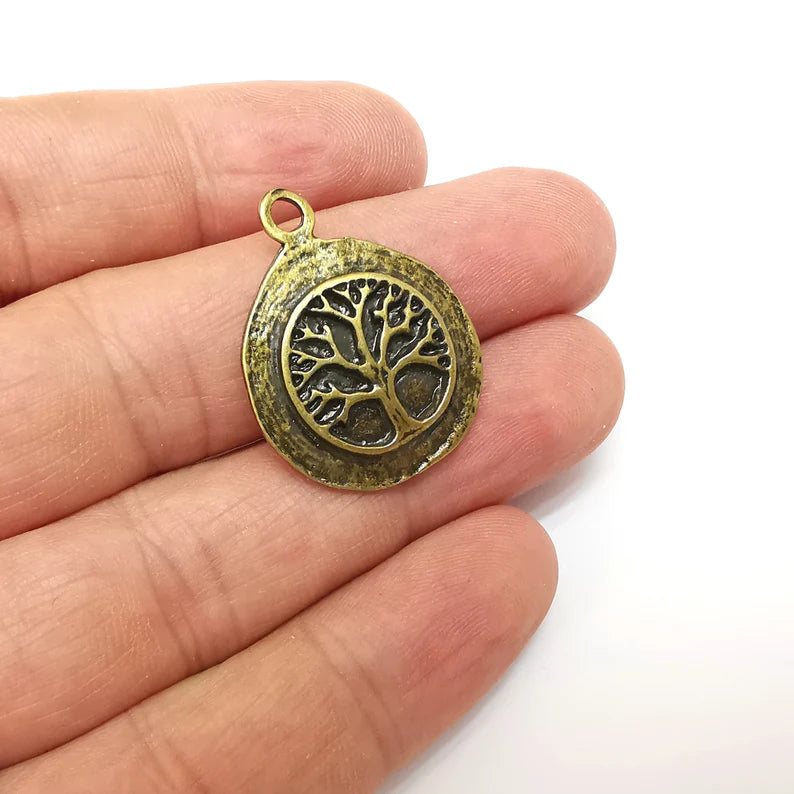Tree Charms , Round Charms, Disc Ethnic, Earring Charms, Bronze Rustic Pendant, Necklace Parts, Antique Bronze Plated 31x24mm G35614
