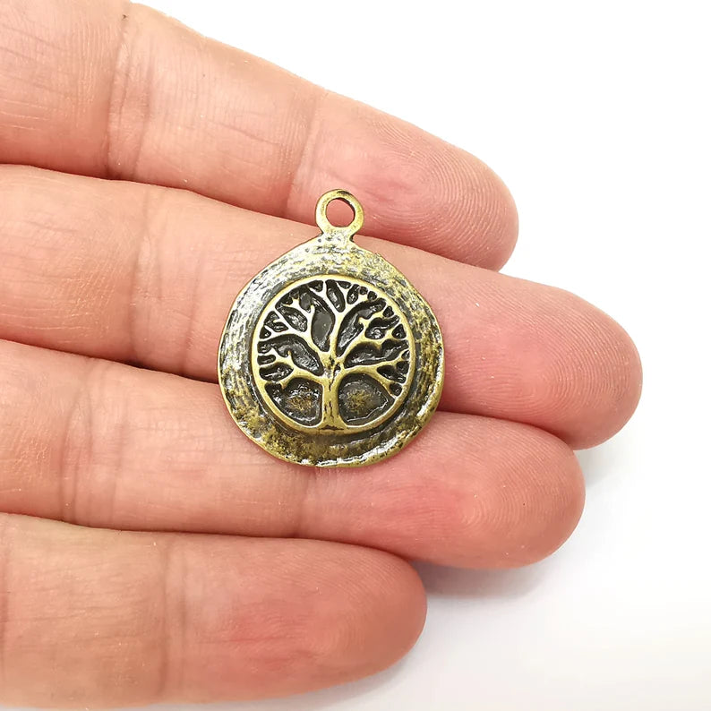 Tree Charms , Round Charms, Disc Ethnic, Earring Charms, Bronze Rustic Pendant, Necklace Parts, Antique Bronze Plated 31x24mm G35614