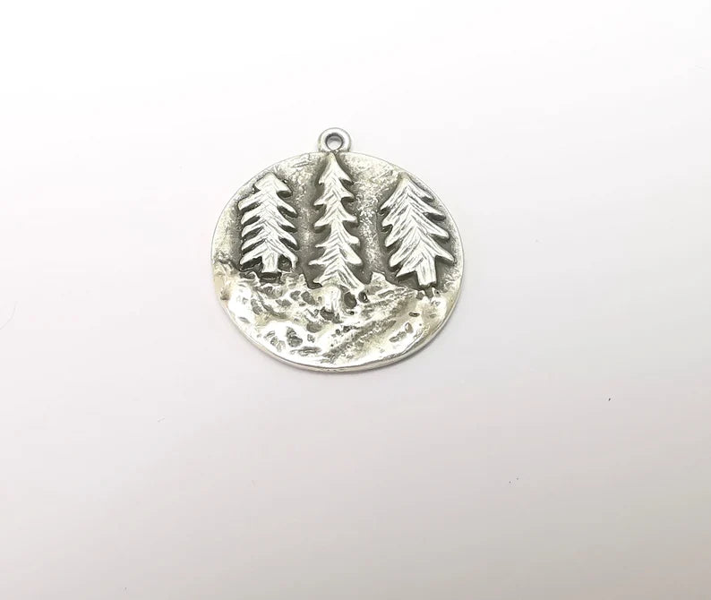 Pine Tree Charms, Pine Forest Dangle Charms, Cliff Charms, Boho Tree Charms, Earring Charms, Antique Silver Plated (30x27mm) G35629