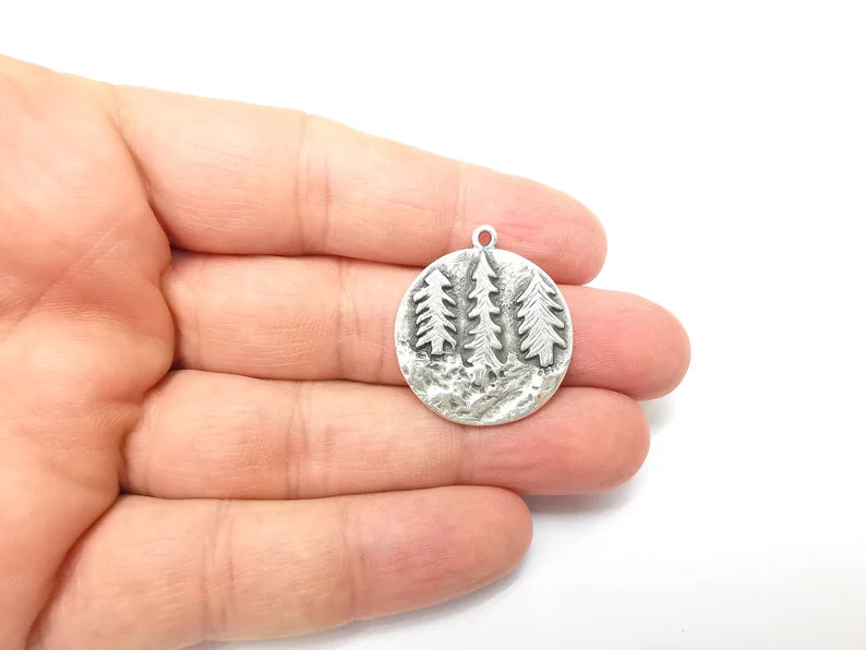 Pine Tree Charms, Pine Forest Dangle Charms, Cliff Charms, Boho Tree Charms, Earring Charms, Antique Silver Plated (30x27mm) G35629