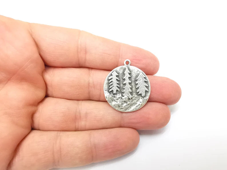 Pine Tree Charms, Pine Forest Dangle Charms, Cliff Charms, Boho Tree Charms, Earring Charms, Antique Silver Plated (30x27mm) G35629