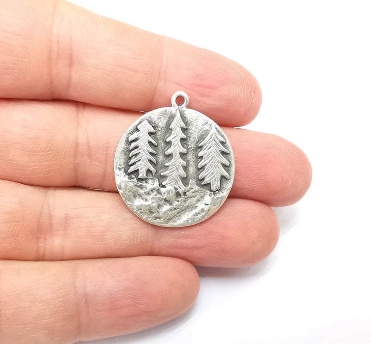 Pine Tree Charms, Pine Forest Dangle Charms, Cliff Charms, Boho Tree Charms, Earring Charms, Antique Silver Plated (30x27mm) G35629