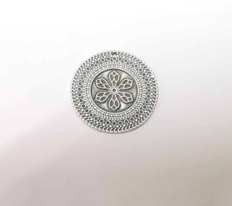 Silver Charms, Mandala Boho Earring Charms, Silver Flower Pendant, Ethnic Rustic Charms, Necklace Parts, Antique Silver Plated 34mm G35632