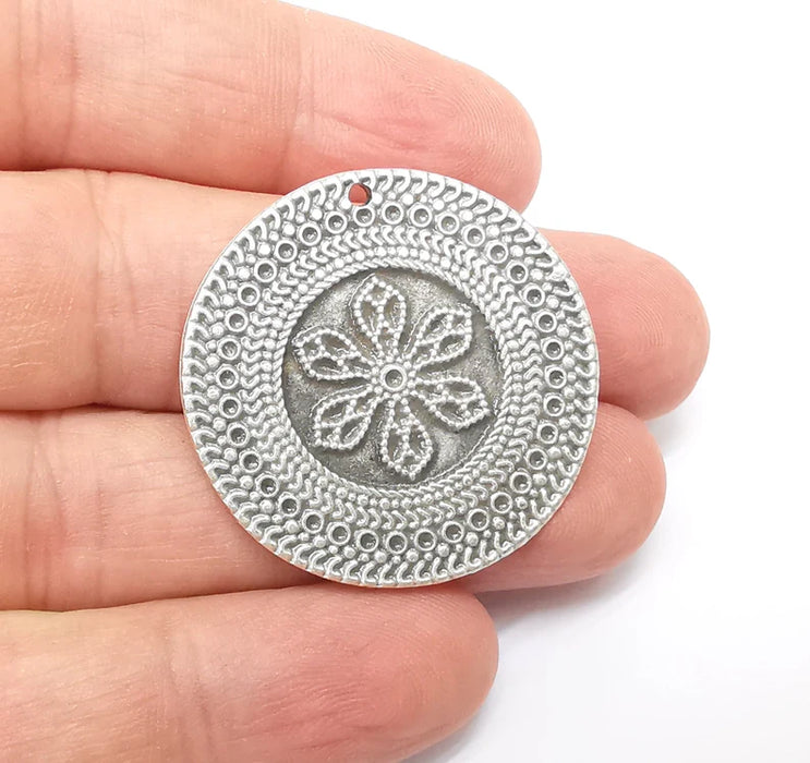 Silver Charms, Mandala Boho Earring Charms, Silver Flower Pendant, Ethnic Rustic Charms, Necklace Parts, Antique Silver Plated 34mm G35632