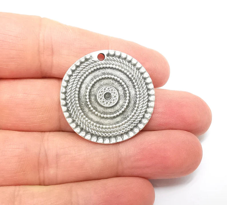 Silver Charms, Mandala Boho Earring Charms, Silver Flower Pendant, Ethnic Rustic Charms, Necklace Parts, Antique Silver Plated 32mm G35639