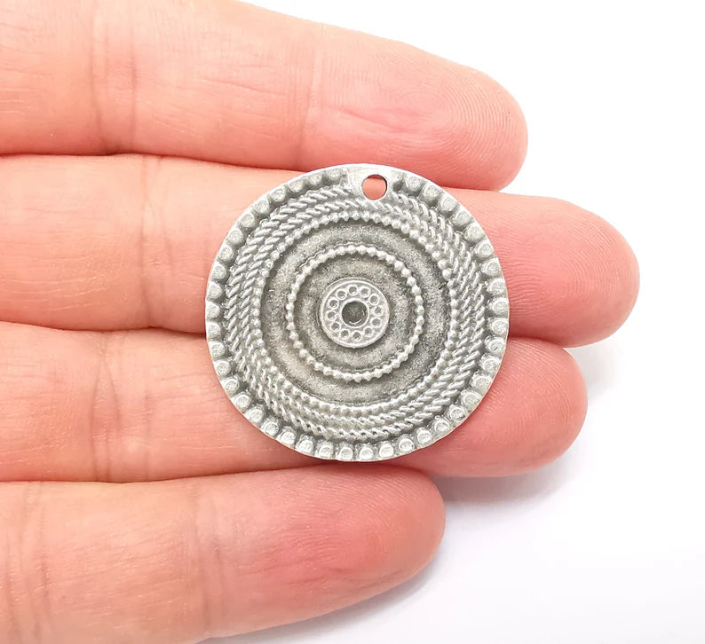 Silver Charms, Mandala Boho Earring Charms, Silver Flower Pendant, Ethnic Rustic Charms, Necklace Parts, Antique Silver Plated 32mm G35639