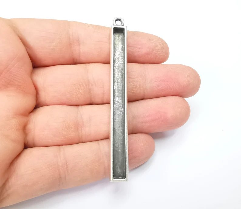 Long Rectangle Blank, Resin Kit, Charm Frame, Pendant Bezel, Earring Base, Cabochon inlay Mountings, Antique Silver Plated 69x5mm G35641
