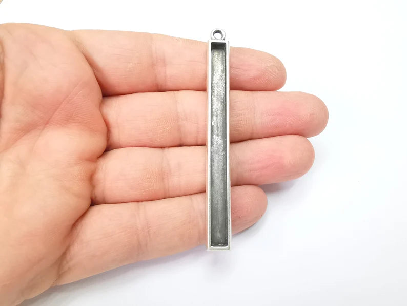 Long Rectangle Blank, Resin Kit, Charm Frame, Pendant Bezel, Earring Base, Cabochon inlay Mountings, Antique Silver Plated 69x5mm G35641