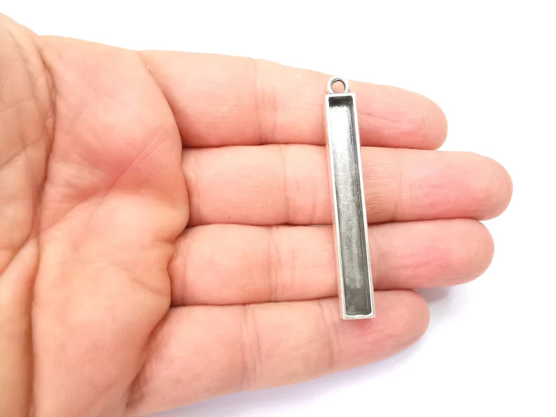 Long Rectangle Blank, Resin Kit, Charm Frame, Pendant Bezel, Earring Base, Cabochon inlay Mountings, Antique Silver Plated 49x5mm G35643