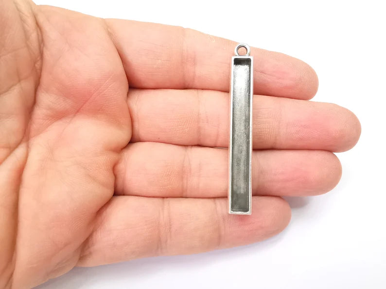 Long Rectangle Blank, Resin Kit, Charm Frame, Pendant Bezel, Earring Base, Cabochon inlay Mountings, Antique Silver Plated 49x5mm G35643