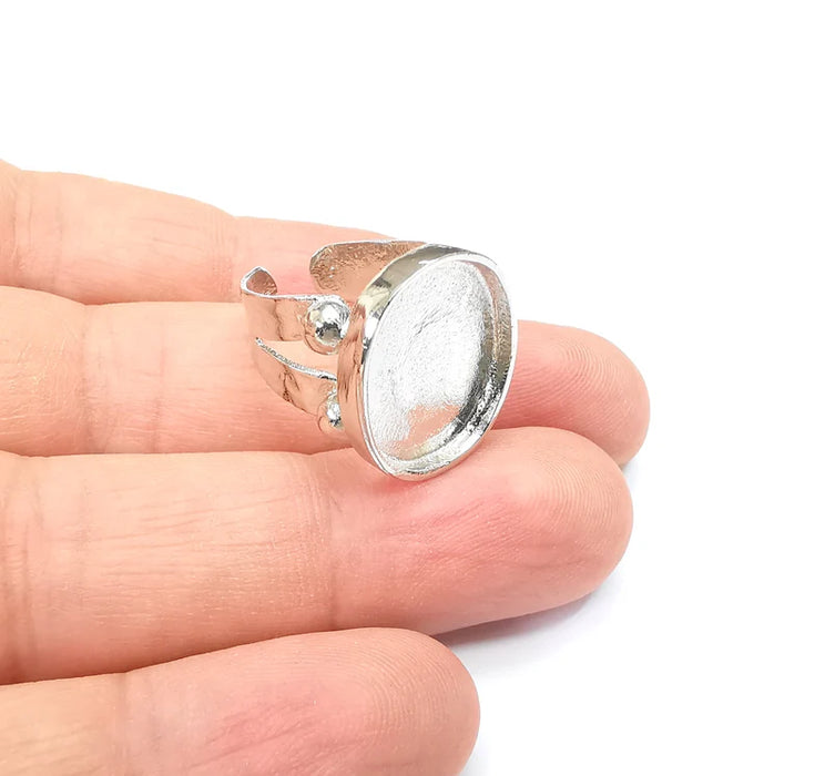 Shiny Silver Oval Ring Setting, Cabochon Blank, Resin Bezel, Ring Mounting, Epoxy Frame Base, Adjustable Rhodium Plated Brass 18x15mm G35644