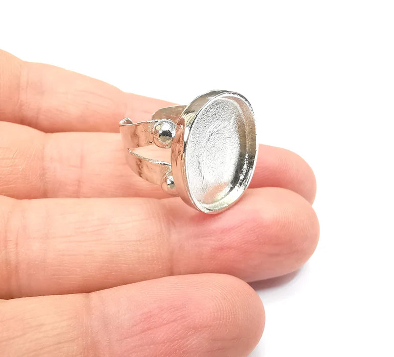 Shiny Silver Oval Ring Setting, Cabochon Blank, Resin Bezel, Ring Mounting, Epoxy Frame Base, Adjustable Rhodium Plated Brass 18x15mm G35644