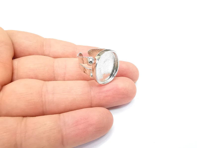 Shiny Silver Oval Ring Setting, Cabochon Blank, Resin Bezel, Ring Mounting, Epoxy Frame Base, Adjustable Rhodium Plated Brass 18x15mm G35644