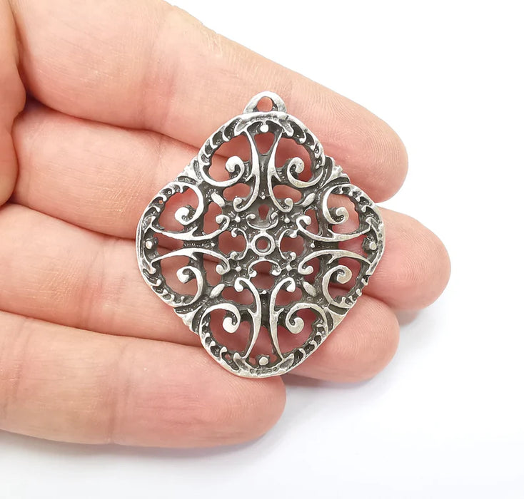 Silver Charms, Boho Charms, Earring Charms, Silver Pendant, Ethnic Rustic Charms, Necklace Parts, Antique Silver Plated 46x42mm G35645