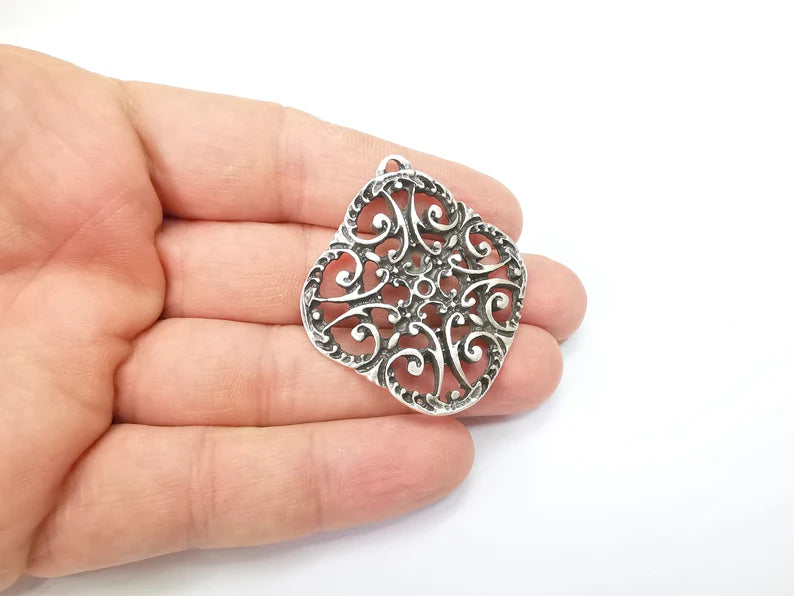 Silver Charms, Boho Charms, Earring Charms, Silver Pendant, Ethnic Rustic Charms, Necklace Parts, Antique Silver Plated 46x42mm G35645