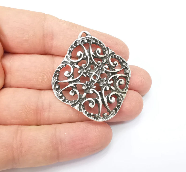 Silver Charms, Boho Charms, Earring Charms, Silver Pendant, Ethnic Rustic Charms, Necklace Parts, Antique Silver Plated 46x42mm G35645