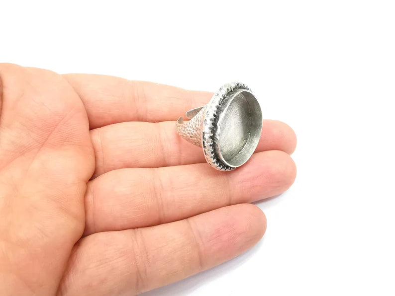 Round Ring Setting, Cabochon Blank, Resin Bezel, Round Ring Mounting, Epoxy Frame Base, Adjustable Antique Silver Plated Brass 24mm G35656