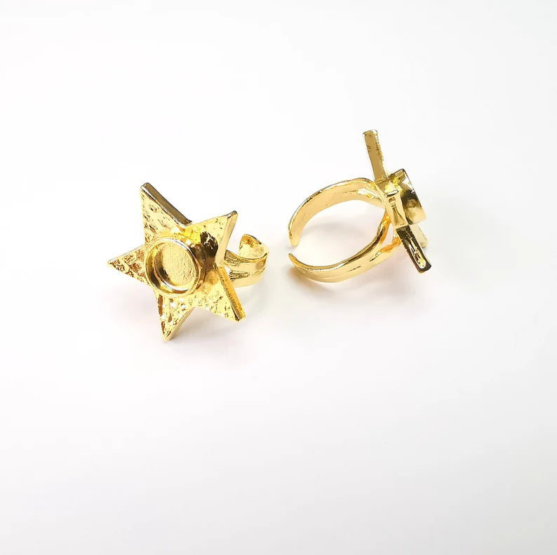 Shiny Gold Star Ring Setting, Cabochon Blank, Resin Bezel, Triangle Ring Mounting, Epoxy Frame Base, Adjustable Shiny Gold Plated 8mm G35658
