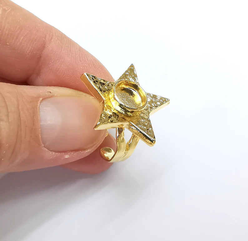 Shiny Gold Star Ring Setting, Cabochon Blank, Resin Bezel, Triangle Ring Mounting, Epoxy Frame Base, Adjustable Shiny Gold Plated 8mm G35658