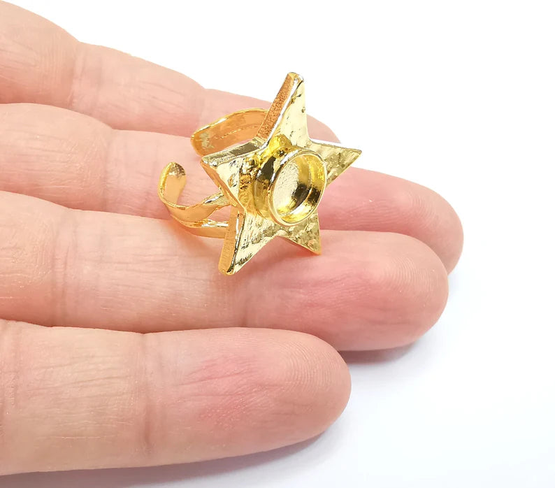 Shiny Gold Star Ring Setting, Cabochon Blank, Resin Bezel, Triangle Ring Mounting, Epoxy Frame Base, Adjustable Shiny Gold Plated 8mm G35658