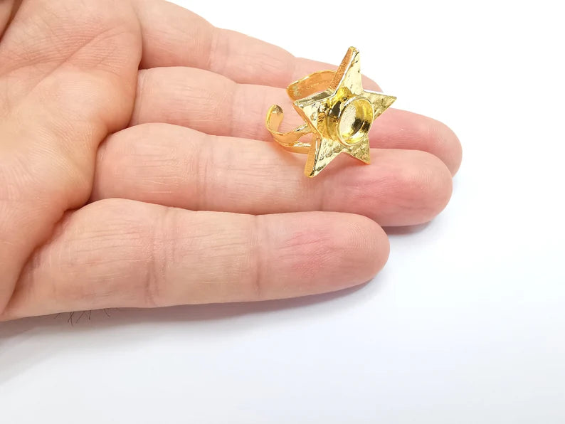 Shiny Gold Star Ring Setting, Cabochon Blank, Resin Bezel, Triangle Ring Mounting, Epoxy Frame Base, Adjustable Shiny Gold Plated 8mm G35658