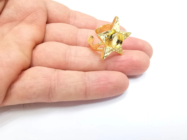 Shiny Gold Star Ring Setting, Cabochon Blank, Resin Bezel, Triangle Ring Mounting, Epoxy Frame Base, Adjustable Shiny Gold Plated 8mm G35658