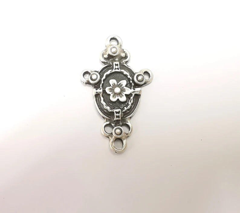 Silver Charms Connector, Boho Charms, Earring Charms, Silver Pendant, Ethnic Rustic Necklace Parts, Antique Silver Plated 40x25mm G35664
