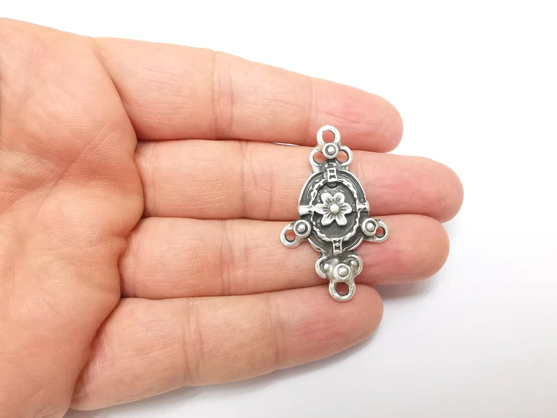 Silver Charms Connector, Boho Charms, Earring Charms, Silver Pendant, Ethnic Rustic Necklace Parts, Antique Silver Plated 40x25mm G35664