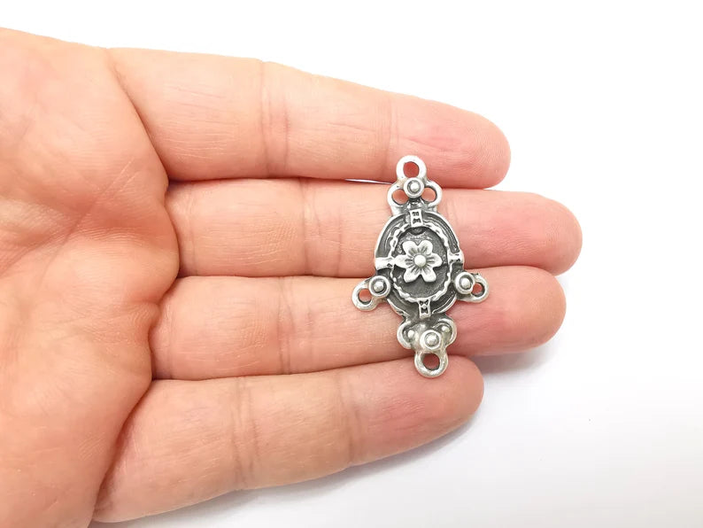 Silver Charms Connector, Boho Charms, Earring Charms, Silver Pendant, Ethnic Rustic Necklace Parts, Antique Silver Plated 40x25mm G35664