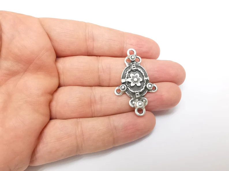 Silver Charms Connector, Boho Charms, Earring Charms, Silver Pendant, Ethnic Rustic Necklace Parts, Antique Silver Plated 40x25mm G35664
