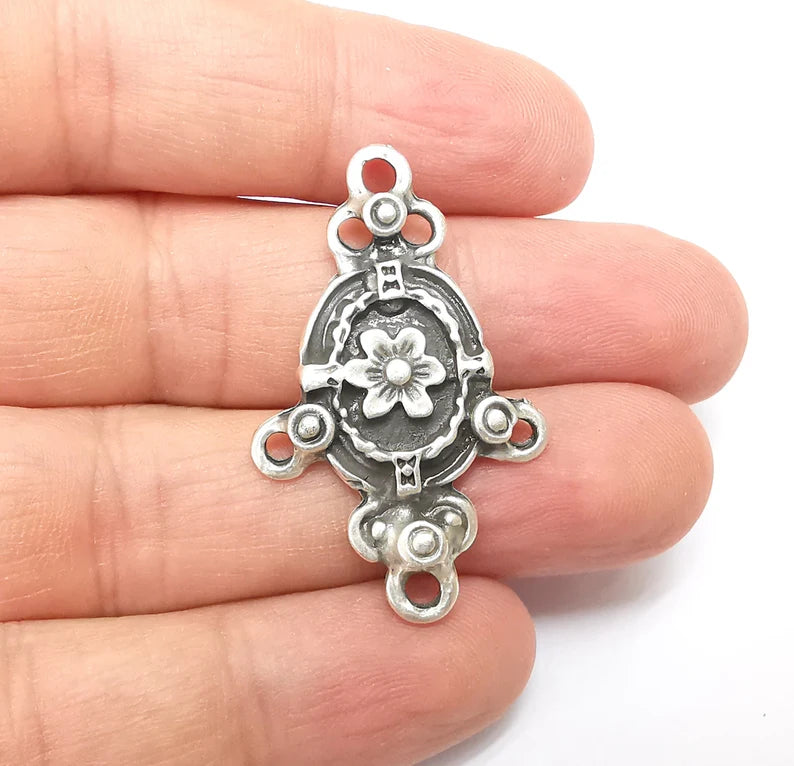 Silver Charms Connector, Boho Charms, Earring Charms, Silver Pendant, Ethnic Rustic Necklace Parts, Antique Silver Plated 40x25mm G35664