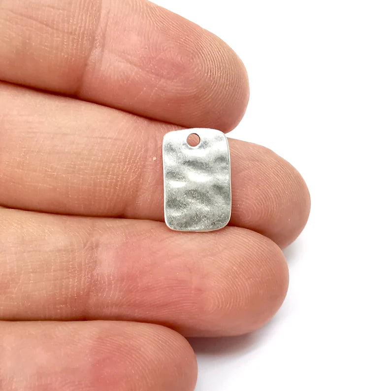 10 Hammered Rectangle Charms , Top Hole Charms, Rectangle Antique Silver Plated Charms (15x10mm) G35528