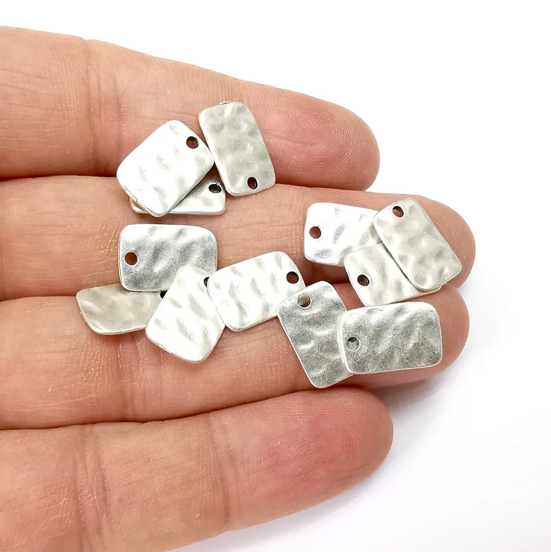 10 Hammered Rectangle Charms , Top Hole Charms, Rectangle Antique Silver Plated Charms (15x10mm) G35528