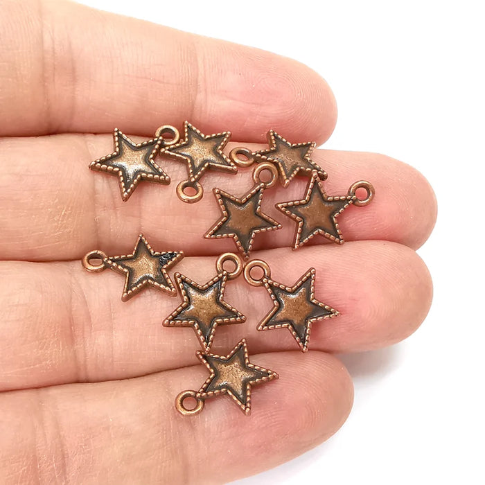 10 Copper Star Charms, Baroque Charms, Ethnic Earring Charms, Copper Rustic Pendant, Necklace Parts, Antique Copper Plated 15x12mm G35529