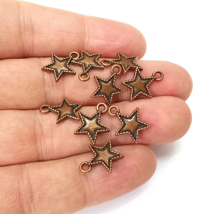 10 Copper Star Charms, Baroque Charms, Ethnic Earring Charms, Copper Rustic Pendant, Necklace Parts, Antique Copper Plated 15x12mm G35529