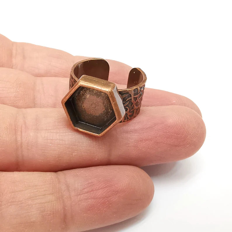 Copper Ring Setting, Cabochon Blank, Resin Bezel, Hexagonal Ring Mounting, Epoxy Frame Base, Adjustable Antique Copper Plated 12mm G35534