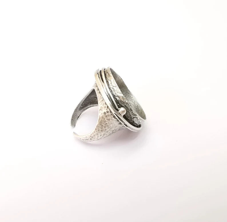 Round Ring Setting, Cabochon Blank, Resin Bezel, Round Ring Mounting, Epoxy Frame Base, Adjustable Antique Silver Plated Brass 24mm G35670