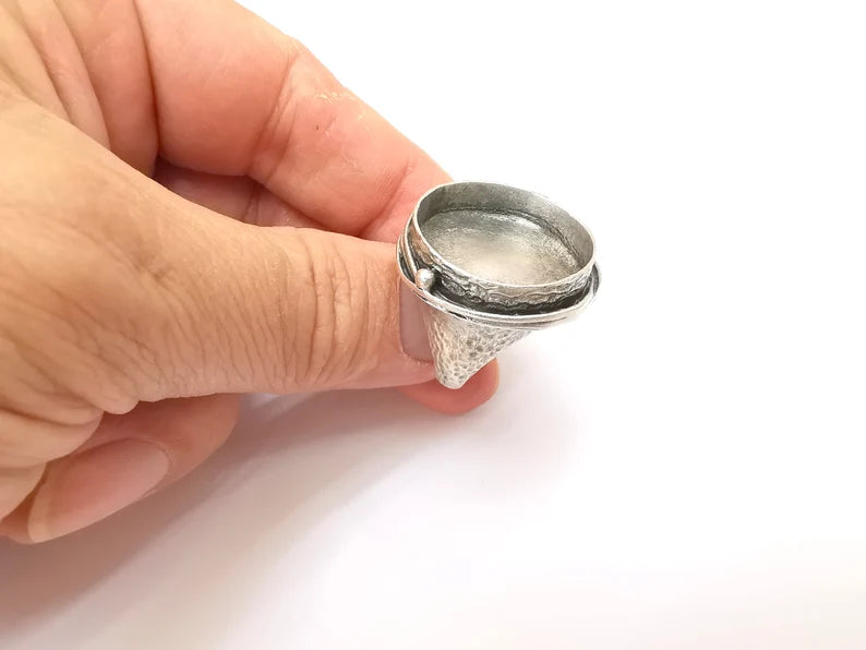 Round Ring Setting, Cabochon Blank, Resin Bezel, Round Ring Mounting, Epoxy Frame Base, Adjustable Antique Silver Plated Brass 24mm G35670