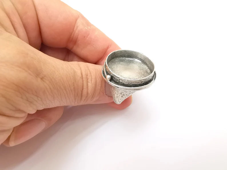 Round Ring Setting, Cabochon Blank, Resin Bezel, Round Ring Mounting, Epoxy Frame Base, Adjustable Antique Silver Plated Brass 24mm G35670