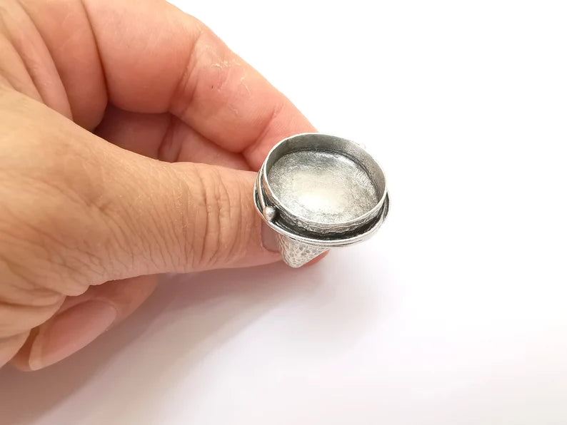 Round Ring Setting, Cabochon Blank, Resin Bezel, Round Ring Mounting, Epoxy Frame Base, Adjustable Antique Silver Plated Brass 24mm G35670