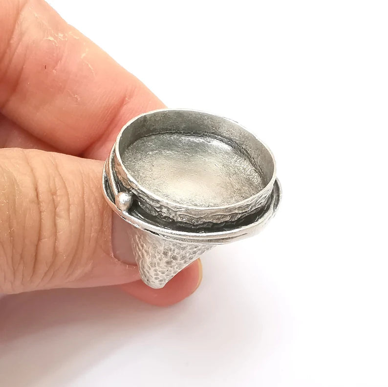 Round Ring Setting, Cabochon Blank, Resin Bezel, Round Ring Mounting, Epoxy Frame Base, Adjustable Antique Silver Plated Brass 24mm G35670