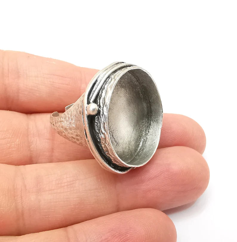 Round Ring Setting, Cabochon Blank, Resin Bezel, Round Ring Mounting, Epoxy Frame Base, Adjustable Antique Silver Plated Brass 24mm G35670