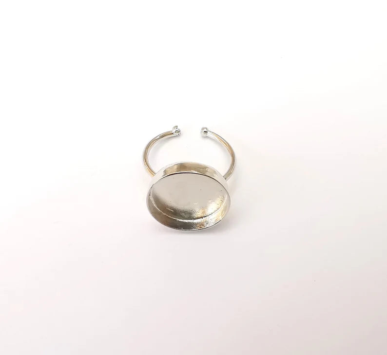 Shiny Silver Round Ring Setting, Cabochon Blank, Resin Bezel, Ring Mounting, Epoxy Frame Base, Adjustable Rhodium Plated Brass 16mm G35671