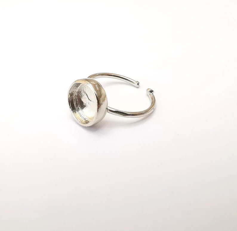 Shiny Silver Round Ring Setting, Cabochon Blank, Resin Bezel, Ring Mounting, Epoxy Frame Base, Adjustable Rhodium Plated Brass 10mm G35673