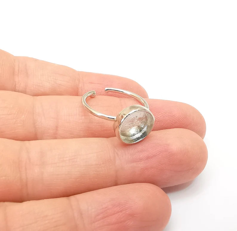 Shiny Silver Round Ring Setting, Cabochon Blank, Resin Bezel, Ring Mounting, Epoxy Frame Base, Adjustable Rhodium Plated Brass 10mm G35673